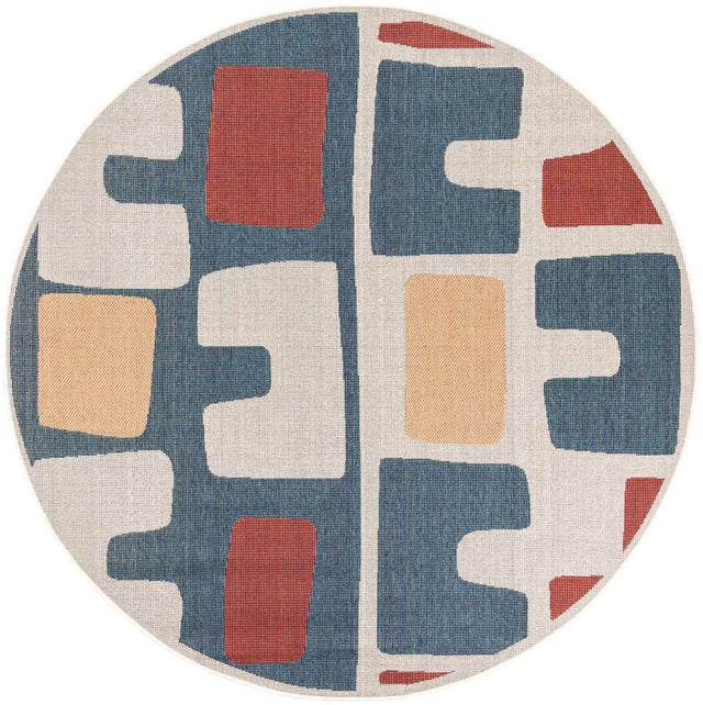 Ivory and Blue 7' 10 x 7' 10 Baja Outdoor Round Area Rug Weather Resistant for Patio, Deck, Terrace, Balcony, Porch 100% Polypropylene Modern Outside Decor for Sale at Rug Engine