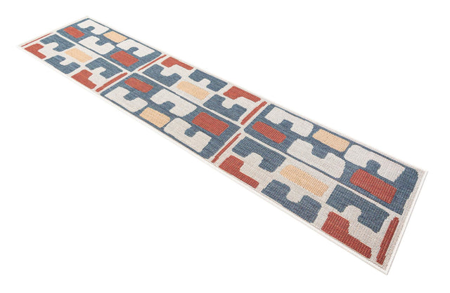 Ivory and Blue 2' x 8' Baja Outdoor Runner Area Rug Weather Resistant for Patio, Deck, Terrace, Balcony, Porch 100% Polypropylene Modern Outside Decor for Sale at Rug Engine