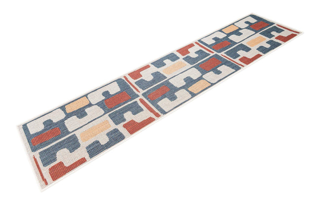 Ivory and Blue 2' x 8' Baja Outdoor Runner Area Rug Weather Resistant for Patio, Deck, Terrace, Balcony, Porch 100% Polypropylene Modern Outside Decor for Sale at Rug Engine