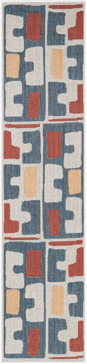 Ivory and Blue 2' x 8' Baja Outdoor Runner Area Rug Weather Resistant for Patio, Deck, Terrace, Balcony, Porch 100% Polypropylene Modern Outside Decor for Sale at Rug Engine