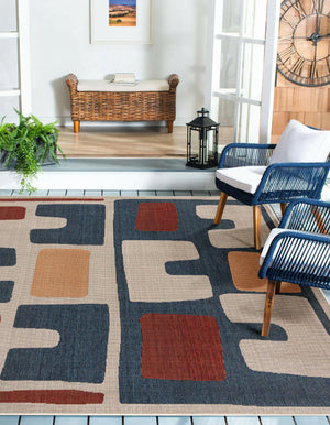 Ivory and Blue 7' 10 x 7' 10 Baja Outdoor Square Area Rug Weather Resistant for Patio, Deck, Terrace, Balcony, Porch 100% Polypropylene Modern Outside Decor for Sale at Rug Engine