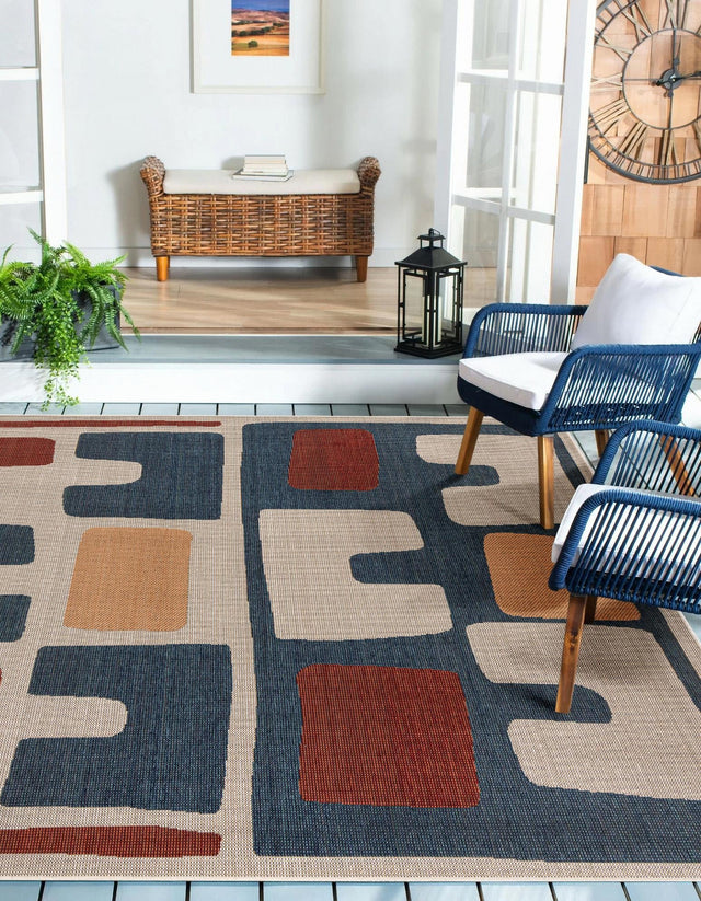 Ivory and Blue 7' 10 x 7' 10 Baja Outdoor Square Area Rug Weather Resistant for Patio, Deck, Terrace, Balcony, Porch 100% Polypropylene Modern Outside Decor for Sale at Rug Engine