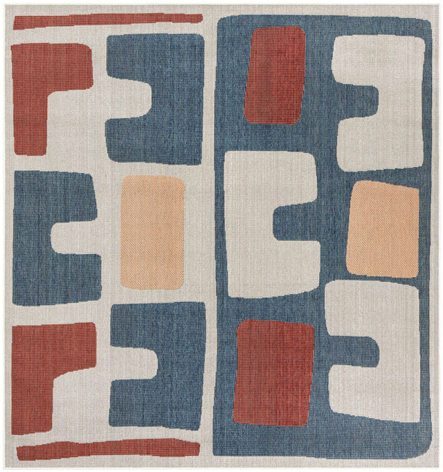 Ivory and Blue 7' 10 x 7' 10 Baja Outdoor Square Area Rug Weather Resistant for Patio, Deck, Terrace, Balcony, Porch 100% Polypropylene Modern Outside Decor for Sale at Rug Engine