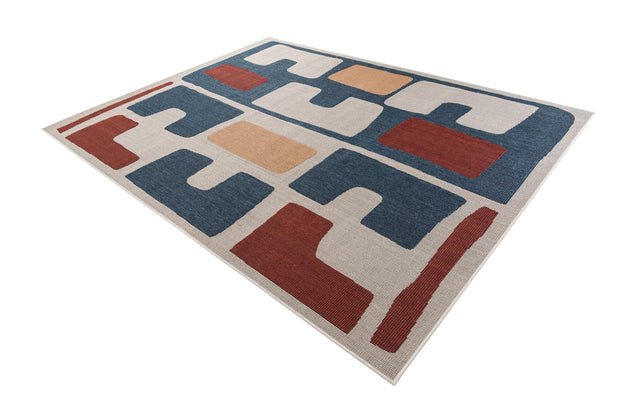 Ivory and Blue 7' 10 x 10' Baja Outdoor Rectangle Area Rug Weather Resistant for Patio, Deck, Terrace, Balcony, Porch 100% Polypropylene Modern Outside Decor for Sale at Rug Engine
