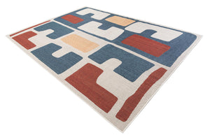 Ivory and Blue 9' x 12' Baja Outdoor Rectangle Area Rug Weather Resistant for Patio, Deck, Terrace, Balcony, Porch 100% Polypropylene Modern Outside Decor for Sale at Rug Engine