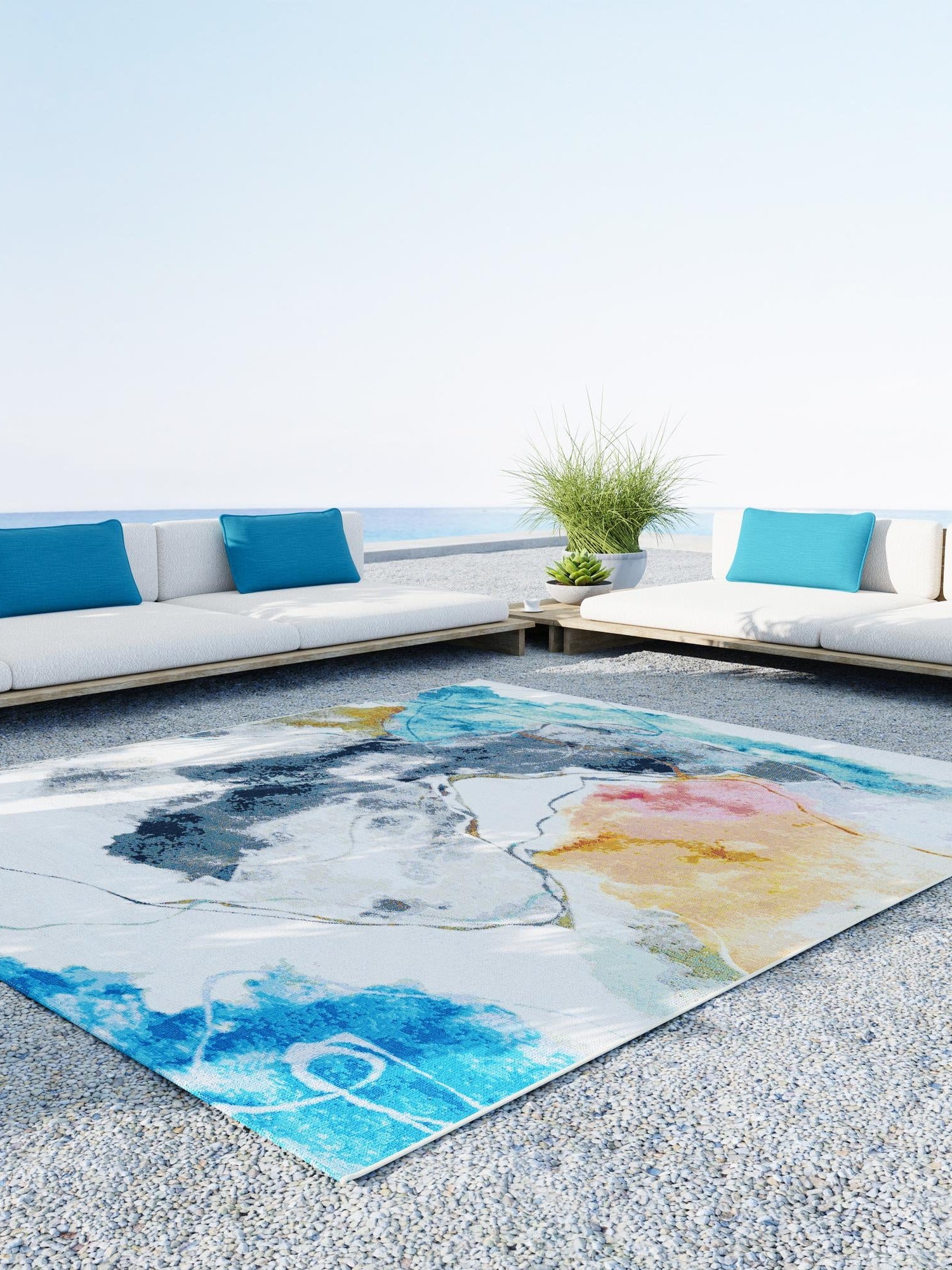 Multicolor 5' 3 x 8' Outdoor Modern Rectangle Area Rug Weather Resistant for Patio, Deck, Terrace, Balcony, Porch 100% Polypropylene Modern Outside Carpet for Sale at Rug Engine
