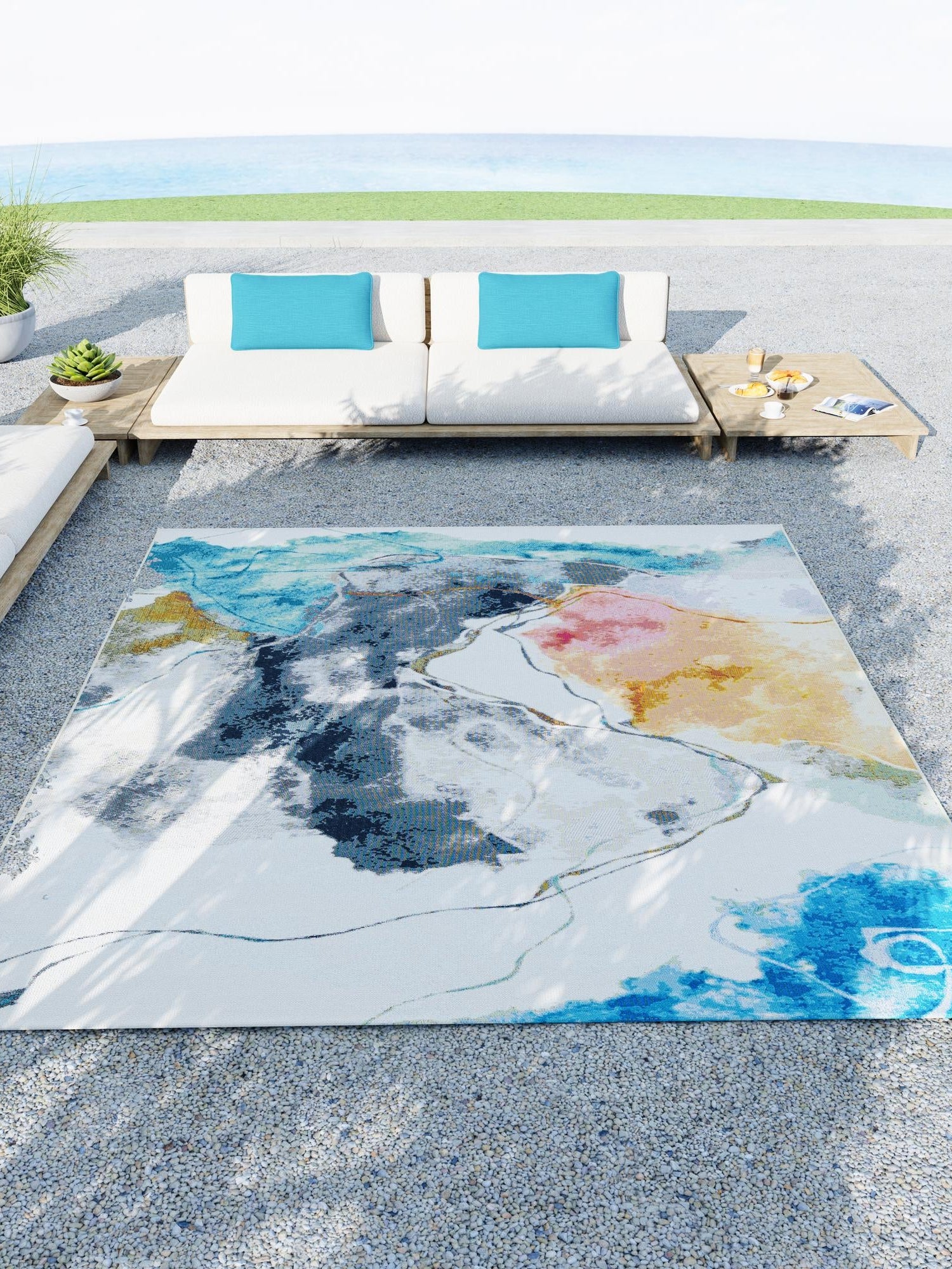 Multicolor 5' 3 x 8' Outdoor Modern Rectangle Area Rug Weather Resistant for Patio, Deck, Terrace, Balcony, Porch 100% Polypropylene Modern Outside Carpet for Sale at Rug Engine