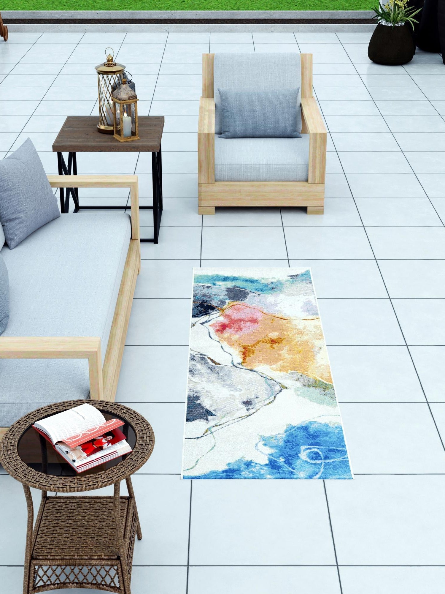 Multicolor 2' x 5' 1 Outdoor Modern Runner Area Rug Weather Resistant for Patio, Deck, Terrace, Balcony, Porch 100% Polypropylene Modern Outside Carpet for Sale at Rug Engine
