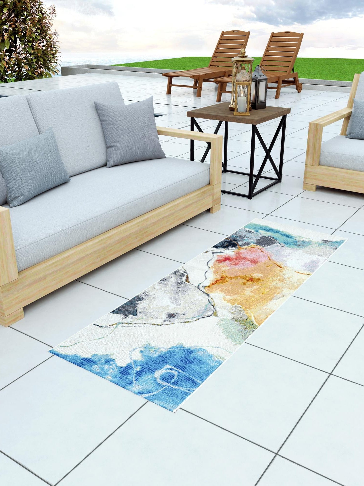 Multicolor 2' x 5' 1 Outdoor Modern Runner Area Rug Weather Resistant for Patio, Deck, Terrace, Balcony, Porch 100% Polypropylene Modern Outside Carpet for Sale at Rug Engine