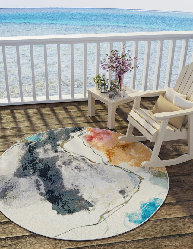 Multicolor 10' x 10' Outdoor Modern Round Area Rug Weather Resistant for Patio, Deck, Terrace, Balcony, Porch 100% Polypropylene Modern Outside Carpet for Sale at Rug Engine