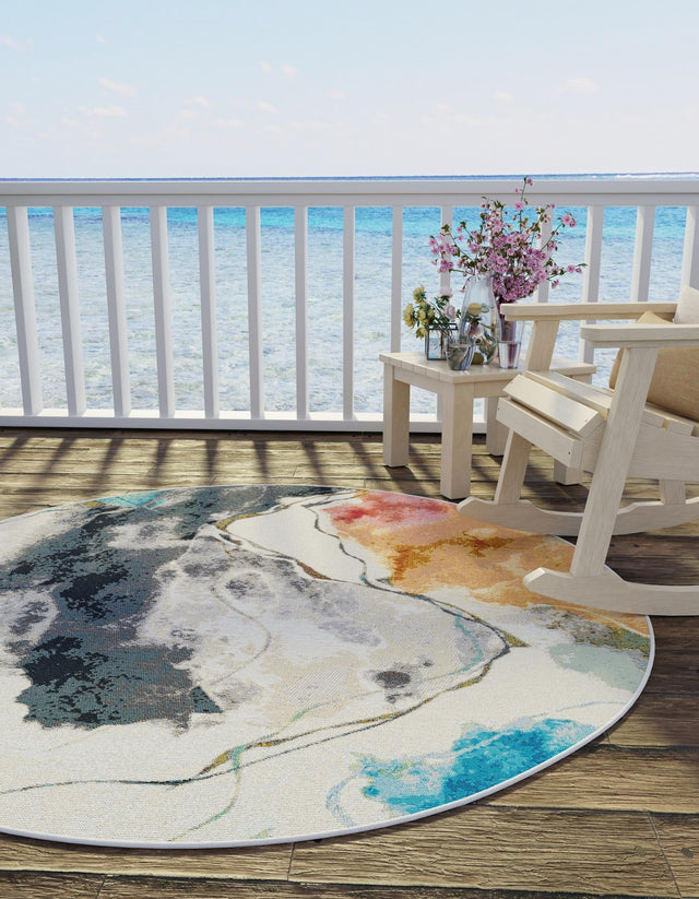 Multicolor 7' 10 x 7' 10 Outdoor Modern Round Area Rug Weather Resistant for Patio, Deck, Terrace, Balcony, Porch 100% Polypropylene Modern Outside Carpet for Sale at Rug Engine
