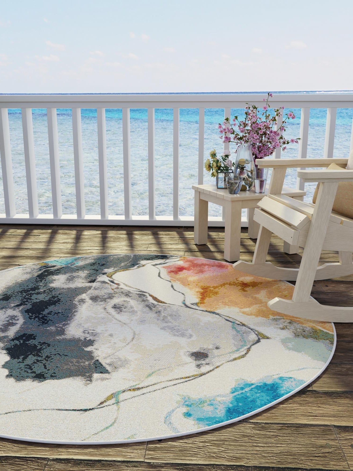 Multicolor 10' x 10' Outdoor Modern Round Area Rug Weather Resistant for Patio, Deck, Terrace, Balcony, Porch 100% Polypropylene Modern Outside Carpet for Sale at Rug Engine