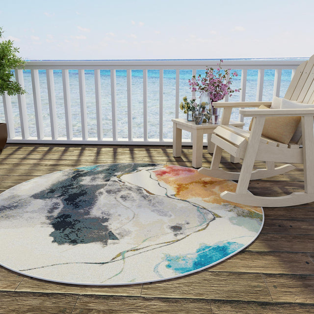 Multicolor 6' 1 x 6' 1 Outdoor Modern Round Area Rug Weather Resistant for Patio, Deck, Terrace, Balcony, Porch 100% Polypropylene Modern Outside Carpet for Sale at Rug Engine