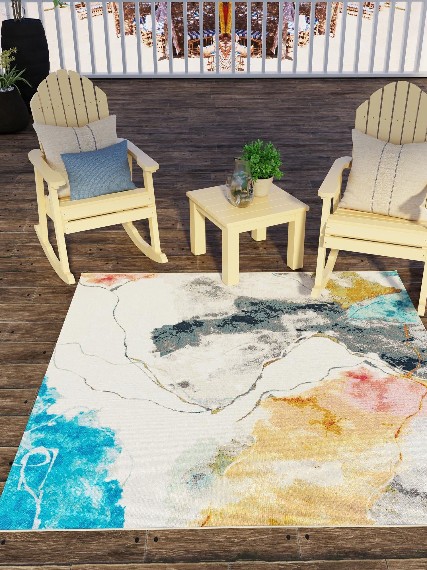 Multicolor 7' 10 x 7' 10 Outdoor Modern Square Area Rug Weather Resistant for Patio, Deck, Terrace, Balcony, Porch 100% Polypropylene Modern Outside Carpet for Sale at Rug Engine