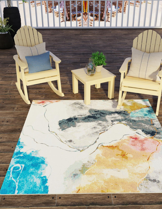 Multicolor 7' 10 x 7' 10 Outdoor Modern Square Area Rug Weather Resistant for Patio, Deck, Terrace, Balcony, Porch 100% Polypropylene Modern Outside Carpet for Sale at Rug Engine