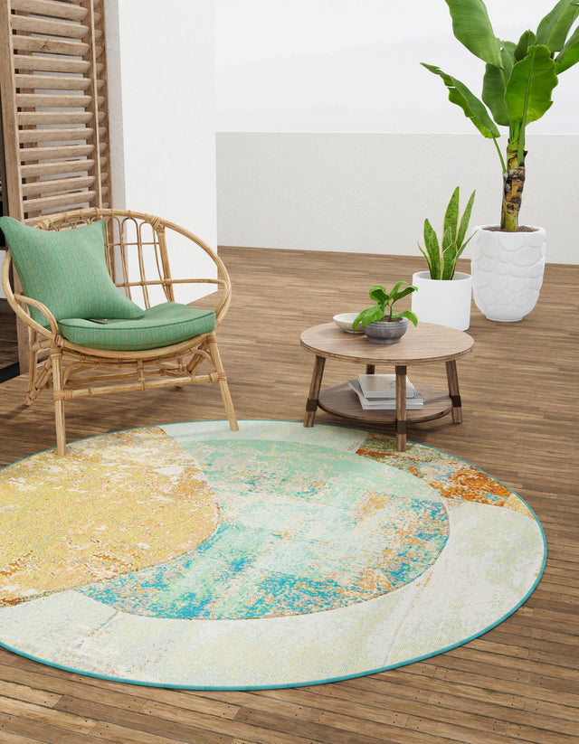 Multicolor 6' 1 x 6' 1 Outdoor Modern Round Area Rug Weather Resistant for Patio, Deck, Terrace, Balcony, Porch 100% Polypropylene Modern Outside Carpet for Sale at Rug Engine
