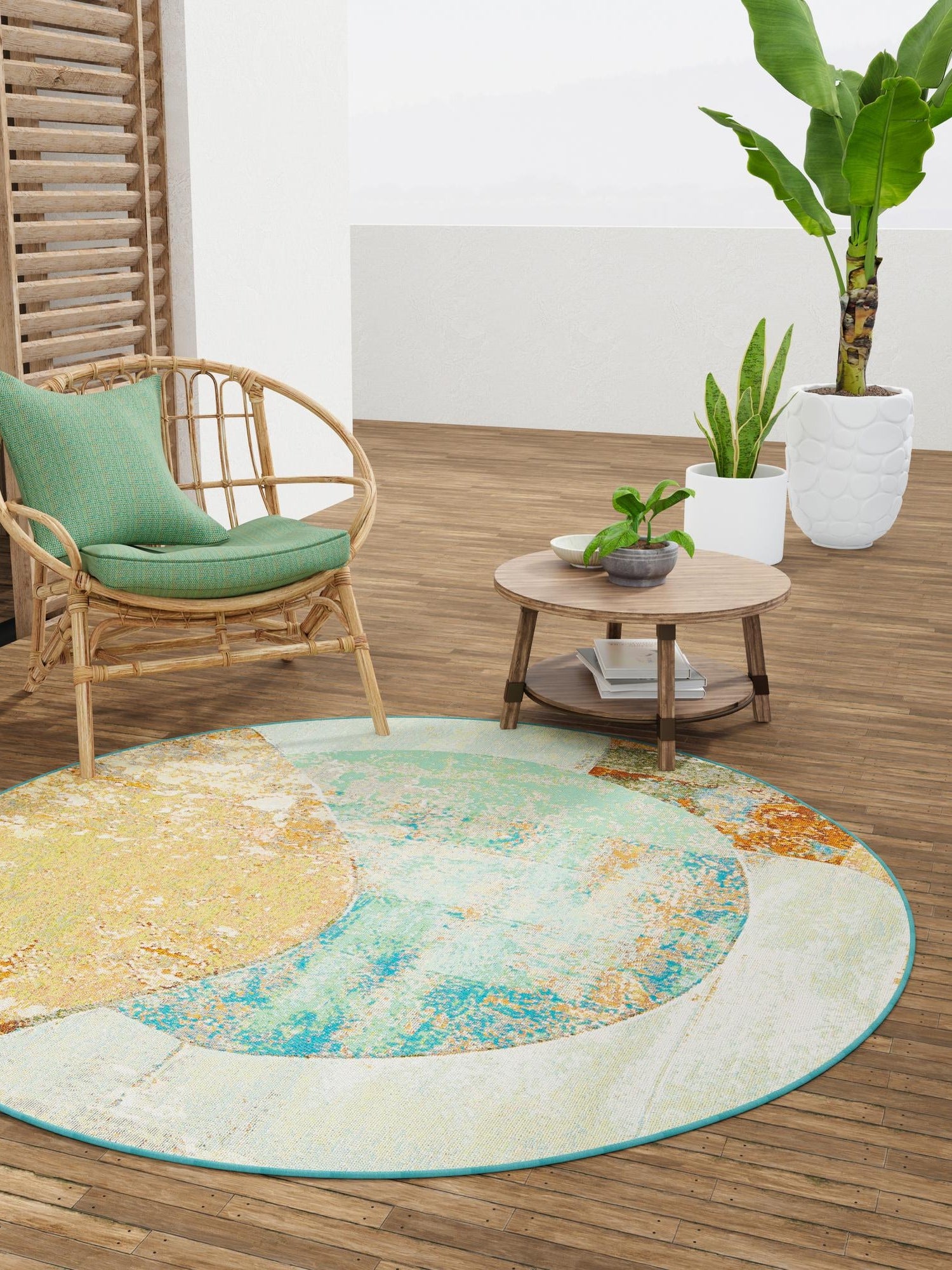 Multicolor 7' 10 x 7' 10 Outdoor Modern Round Area Rug Weather Resistant for Patio, Deck, Terrace, Balcony, Porch 100% Polypropylene Modern Outside Carpet for Sale at Rug Engine