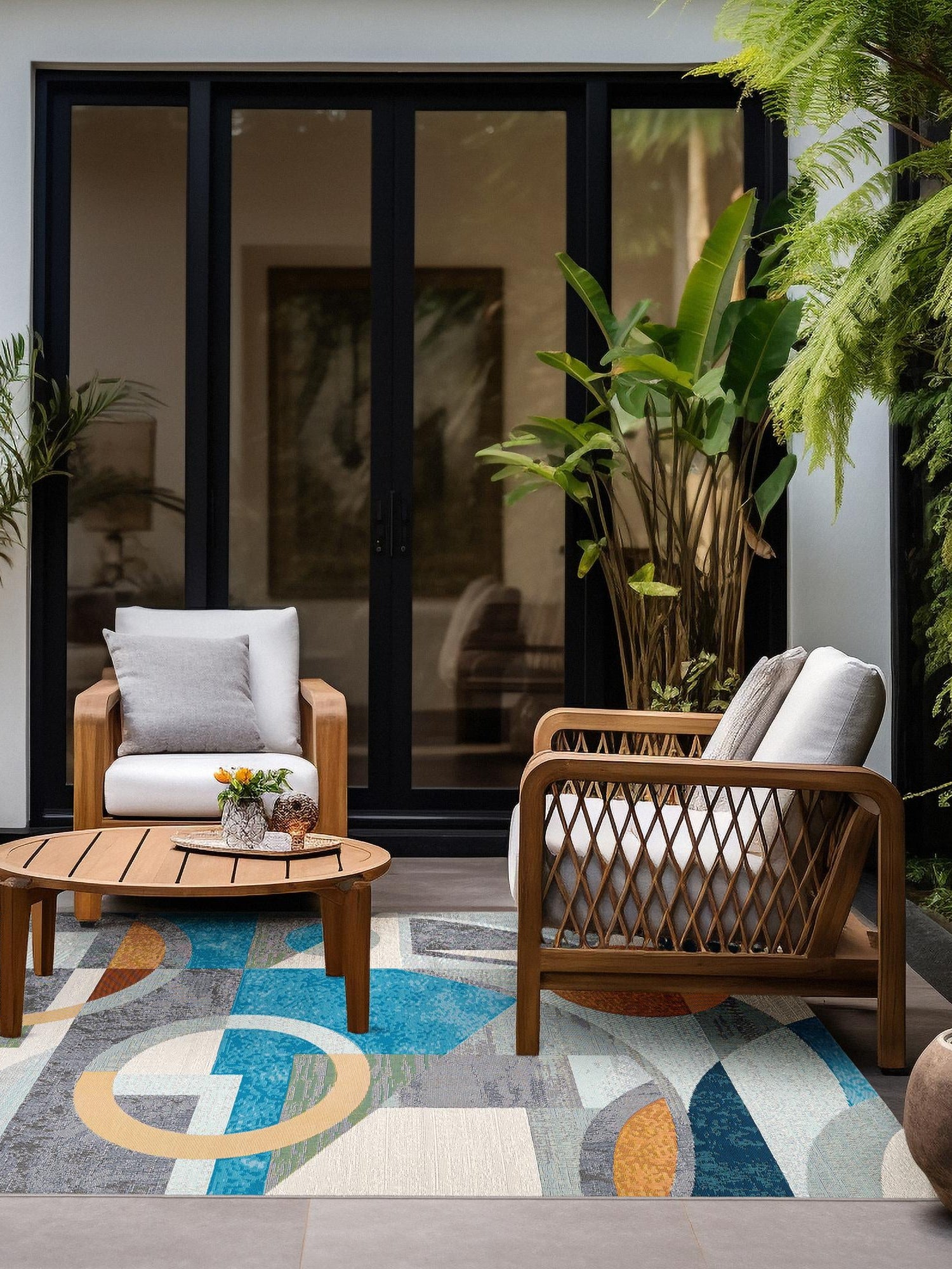 Multicolor 4' 1 x 6' 1 Outdoor Modern Rectangle Area Rug Weather Resistant for Patio, Deck, Terrace, Balcony, Porch 100% Polypropylene Modern Outside Carpet for Sale at Rug Engine