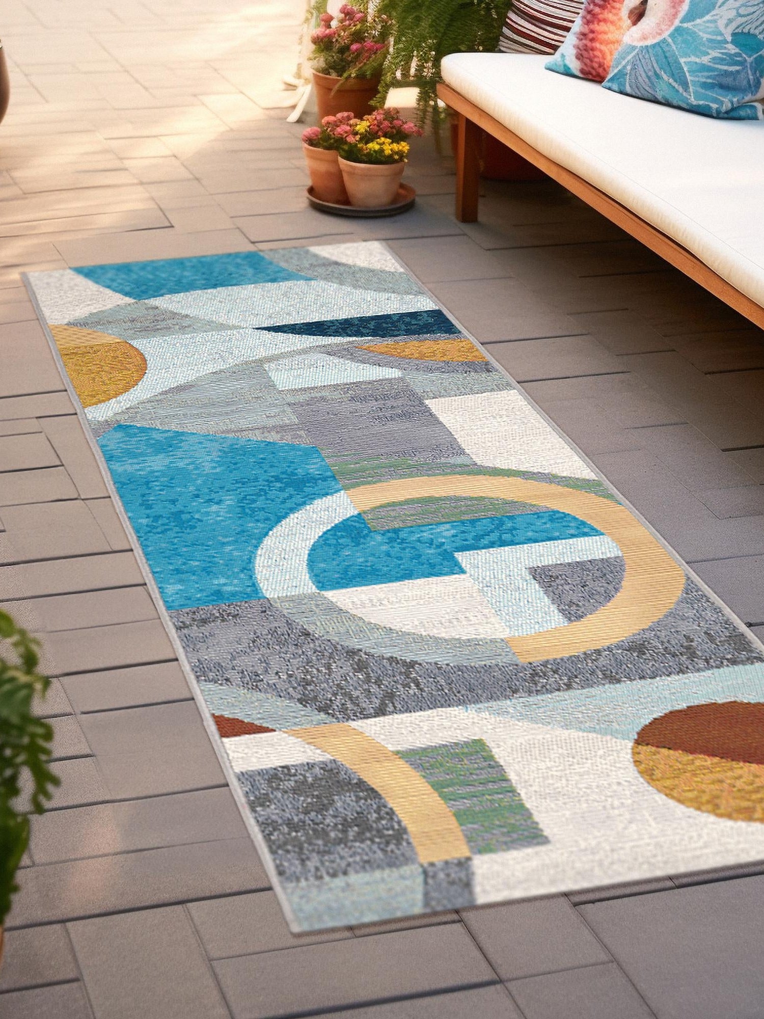 Multicolor 2' 7 x 10' Outdoor Modern Runner Area Rug Weather Resistant for Patio, Deck, Terrace, Balcony, Porch 100% Polypropylene Modern Outside Carpet for Sale at Rug Engine