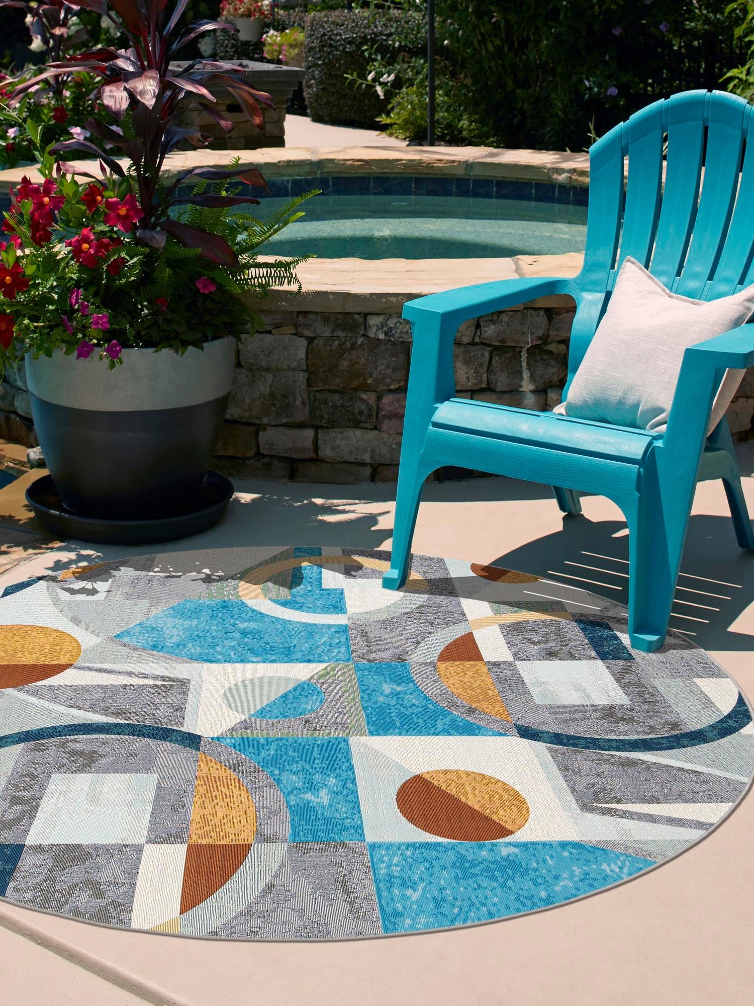 Multicolor 4' 1 x 4' 1 Outdoor Modern Round Area Rug Weather Resistant for Patio, Deck, Terrace, Balcony, Porch 100% Polypropylene Modern Outside Carpet for Sale at Rug Engine