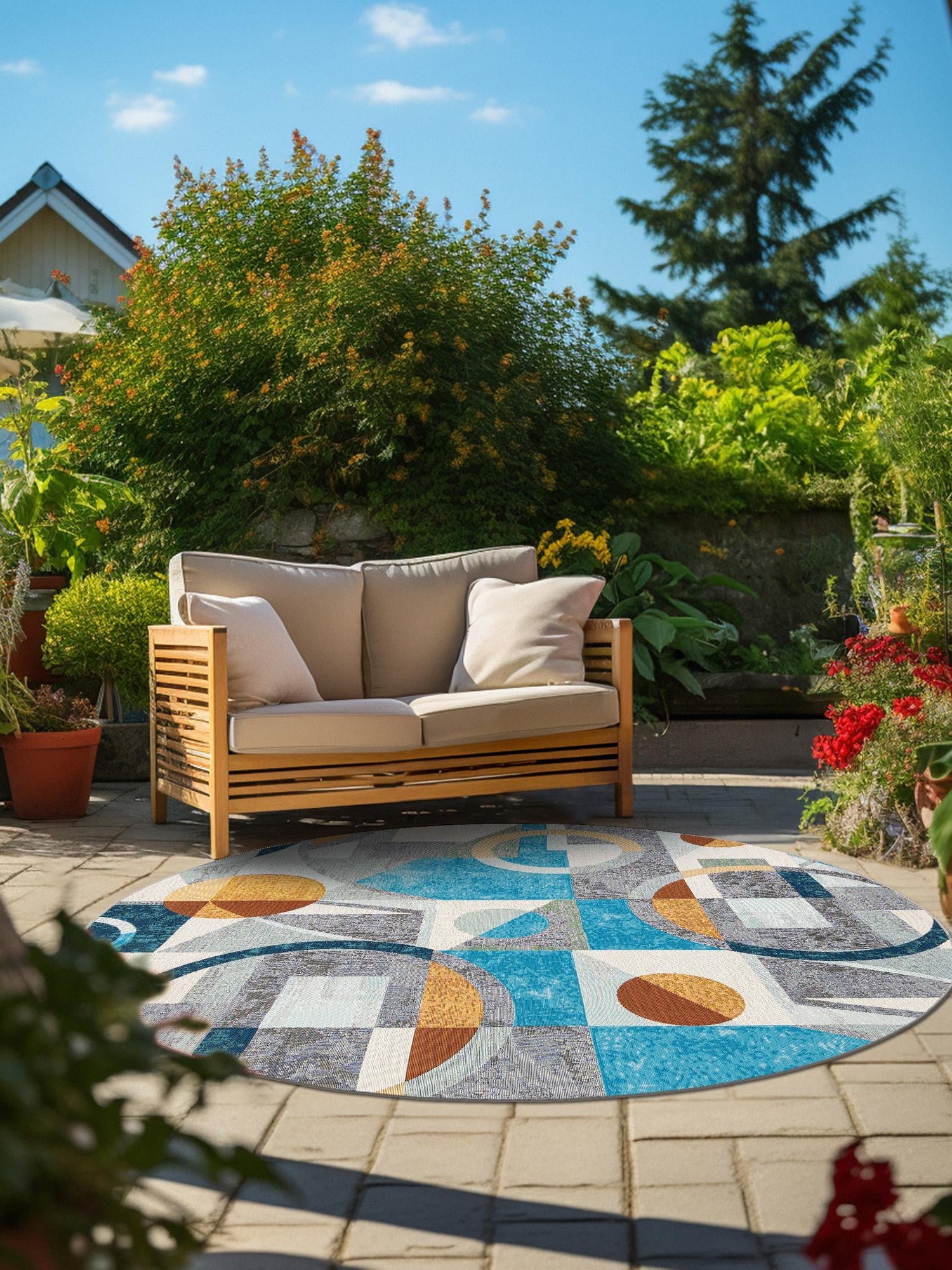 Multicolor 5' 3 x 5' 3 Outdoor Modern Round Area Rug Weather Resistant for Patio, Deck, Terrace, Balcony, Porch 100% Polypropylene Modern Outside Carpet for Sale at Rug Engine