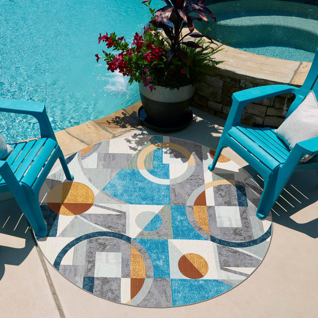 Multicolor 6' 1 x 6' 1 Outdoor Modern Round Area Rug Weather Resistant for Patio, Deck, Terrace, Balcony, Porch 100% Polypropylene Modern Outside Carpet for Sale at Rug Engine