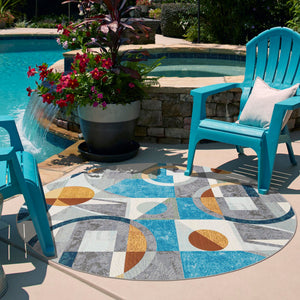 Multicolor 6' 1 x 6' 1 Outdoor Modern Round Area Rug Weather Resistant for Patio, Deck, Terrace, Balcony, Porch 100% Polypropylene Modern Outside Carpet for Sale at Rug Engine