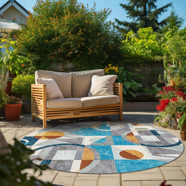Multicolor 6' 1 x 6' 1 Outdoor Modern Round Area Rug Weather Resistant for Patio, Deck, Terrace, Balcony, Porch 100% Polypropylene Modern Outside Carpet for Sale at Rug Engine