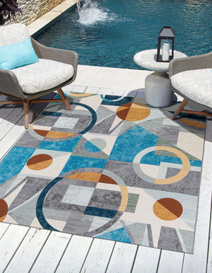 Multicolor 7' 10 x 7' 10 Outdoor Modern Square Area Rug Weather Resistant for Patio, Deck, Terrace, Balcony, Porch 100% Polypropylene Modern Outside Carpet for Sale at Rug Engine