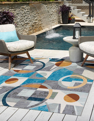 Multicolor 7' 10 x 7' 10 Outdoor Modern Square Area Rug Weather Resistant for Patio, Deck, Terrace, Balcony, Porch 100% Polypropylene Modern Outside Carpet for Sale at Rug Engine