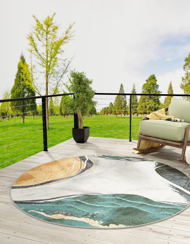 Multicolor 3' 3 x 3' 3 Outdoor Modern Round Area Rug Weather Resistant for Patio, Deck, Terrace, Balcony, Porch 100% Polypropylene Modern Outside Carpet for Sale at Rug Engine