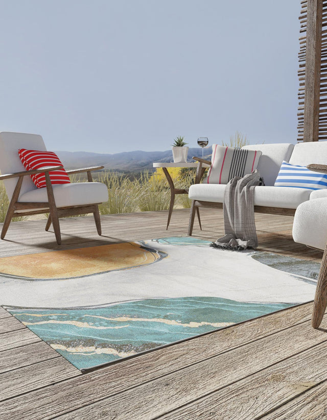 Multicolor 7' 10 x 7' 10 Outdoor Modern Square Area Rug Weather Resistant for Patio, Deck, Terrace, Balcony, Porch 100% Polypropylene Modern Outside Carpet for Sale at Rug Engine