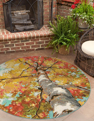 Multicolor 6' 1 x 6' 1 Outdoor Botanical Round Area Rug Weather Resistant for Patio, Deck, Terrace, Balcony, Porch Polypropylene Garden Floral Tropical Carpet for Sale at Rug Engine