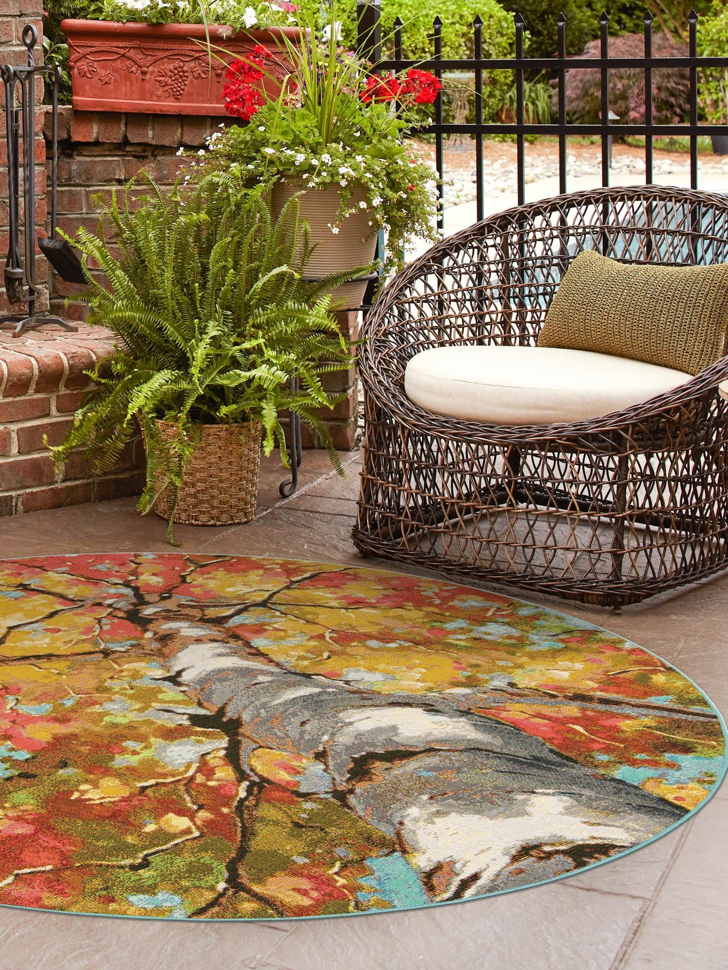 Multicolor 6' 1 x 6' 1 Outdoor Botanical Round Area Rug Weather Resistant for Patio, Deck, Terrace, Balcony, Porch Polypropylene Garden Floral Tropical Carpet for Sale at Rug Engine