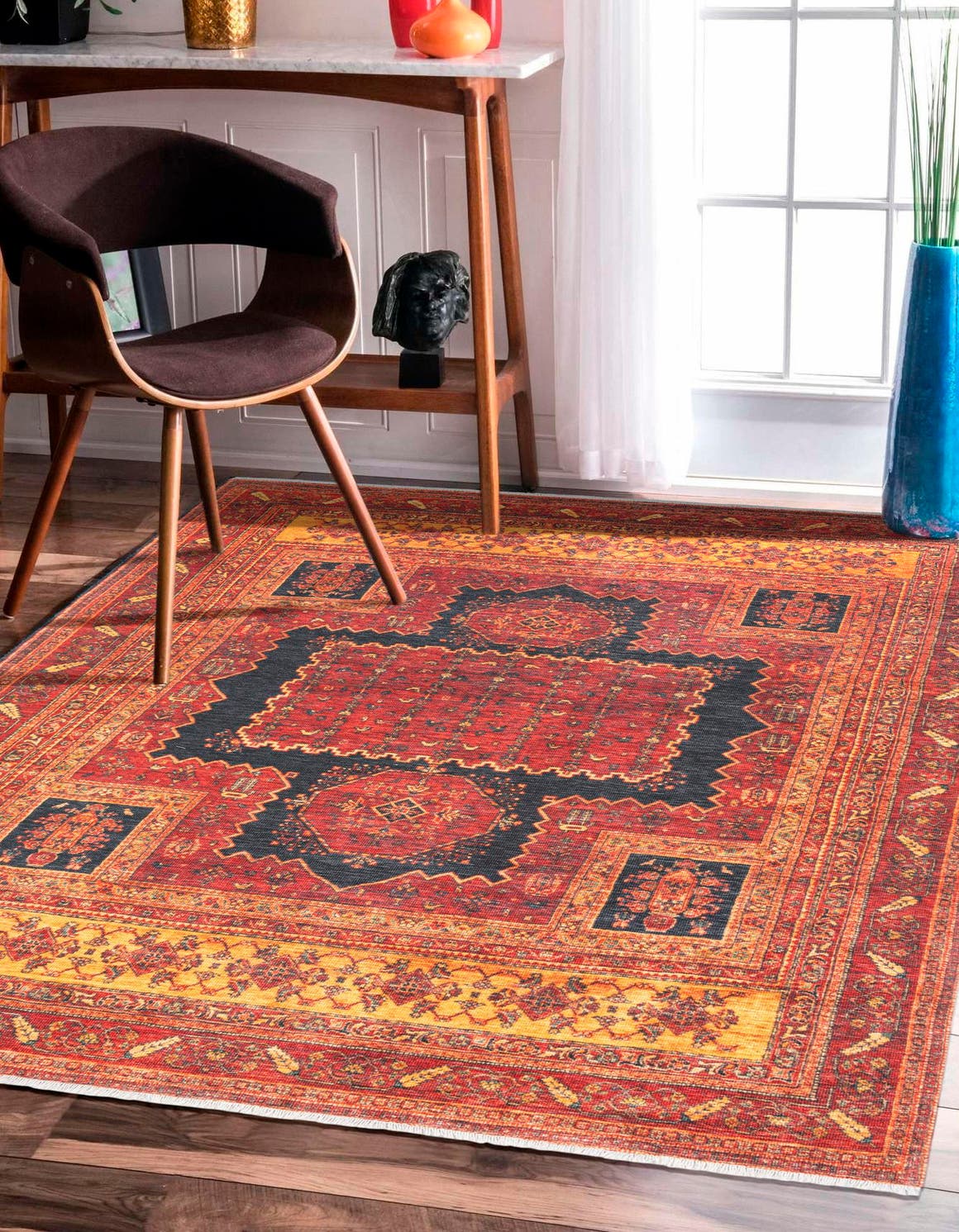 Rust Red 6' 1 x 9' Boutique Rectangle Area Rug Chenille Polyester Cotton Traditional Oriental Inspired Classical Carpet for Living Rooms Dining Office Space Interior Design for Sale at Rug Engine