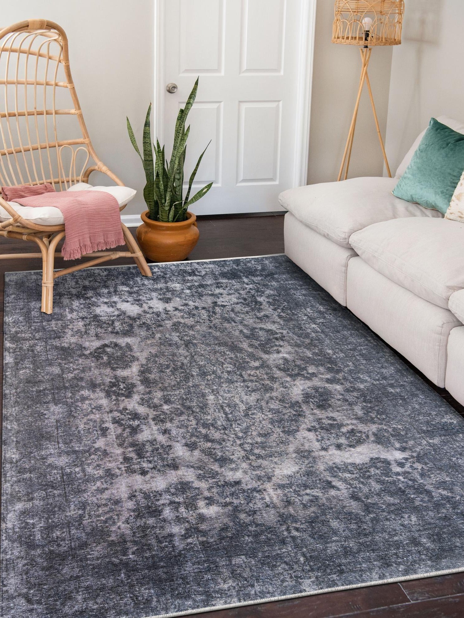 Gray and Blue 5' 1 x 7' 10 Boutique Rectangle Area Rug Chenille Polyester Cotton Traditional Oriental Inspired Classical Carpet for Living Rooms Dining Office Space Interior Design for Sale at Rug Engine