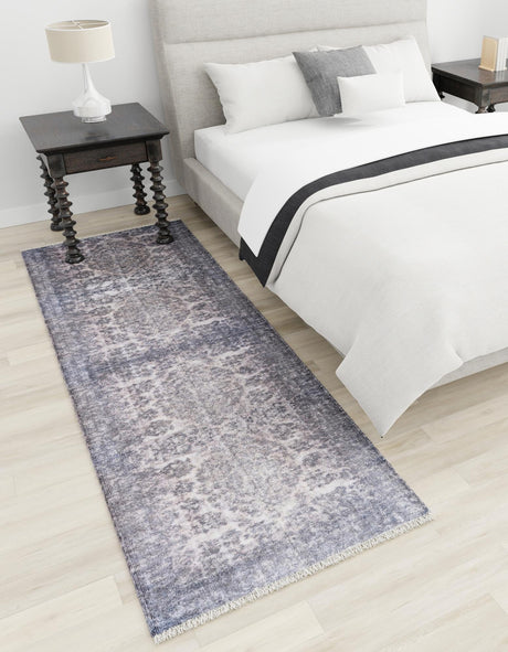 Gray and Blue 2' x 8' Boutique Runner Area Rug Chenille Polyester Cotton Traditional Oriental Inspired Classical Carpet for Living Rooms Dining Office Space Interior Design for Sale at Rug Engine
