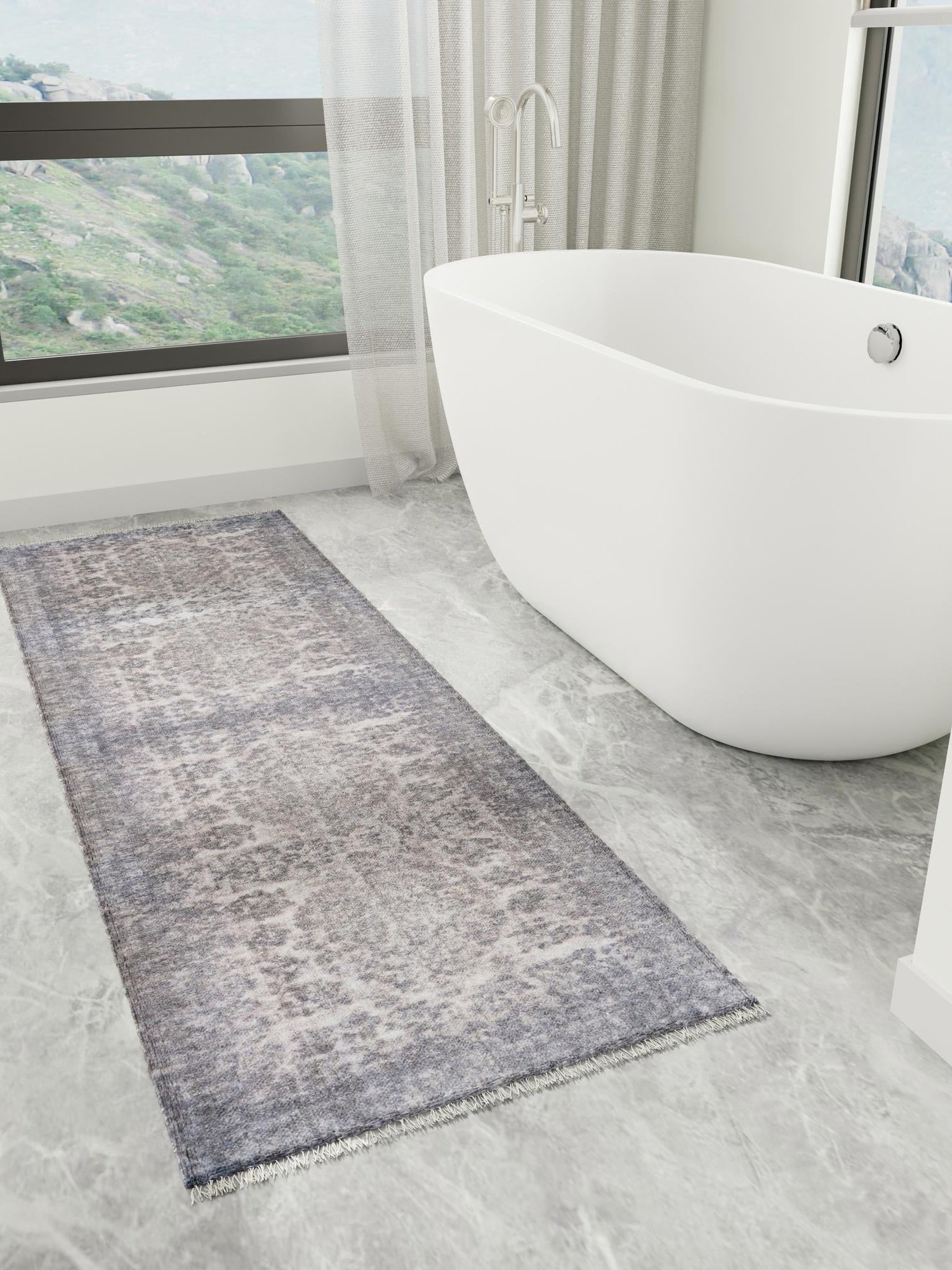 Gray and Blue 3' 3 x 11' 10 Boutique Runner Area Rug Chenille Polyester Cotton Traditional Oriental Inspired Classical Carpet for Living Rooms Dining Office Space Interior Design for Sale at Rug Engine