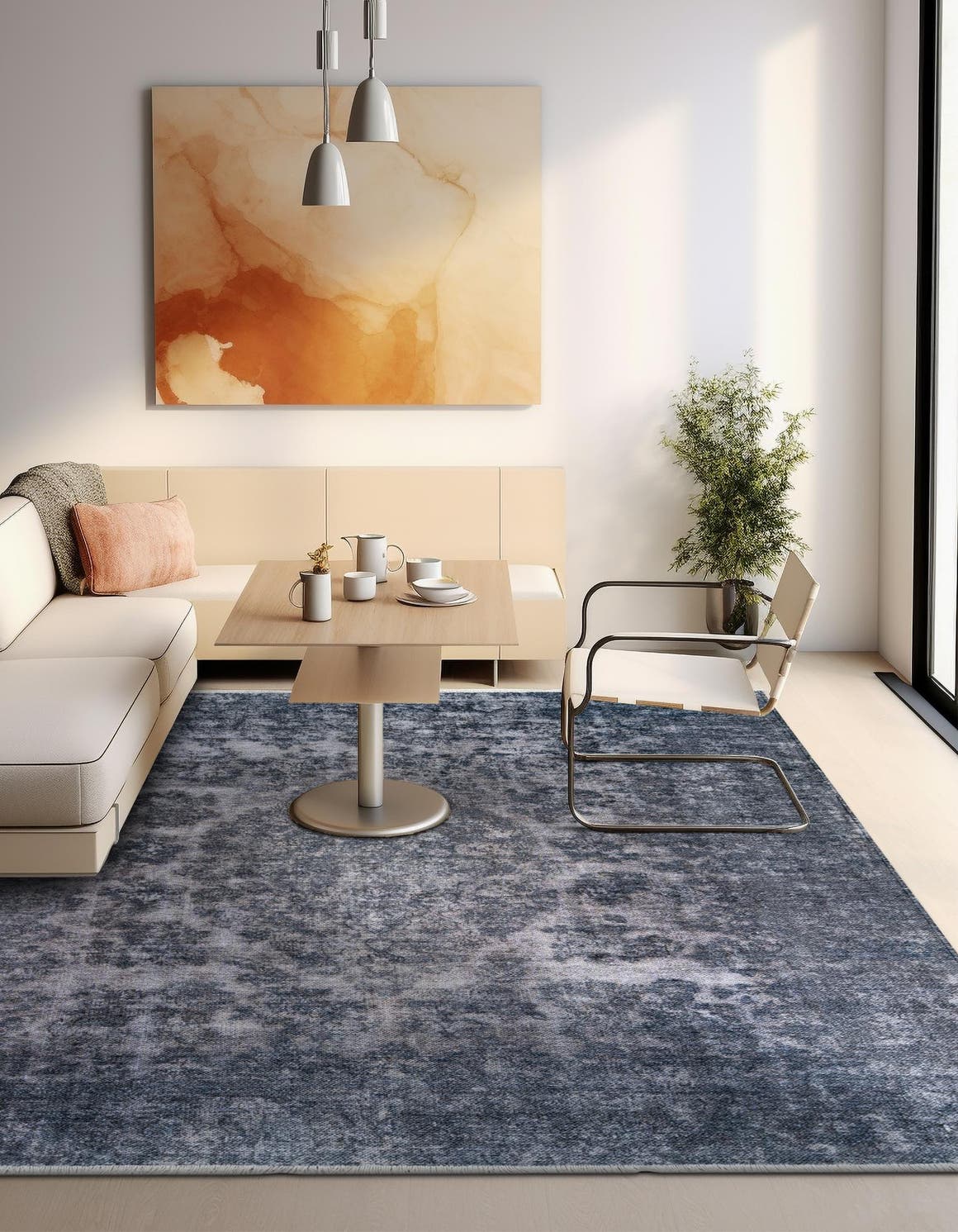 Gray and Blue 7' 9 x 7' 9 Boutique Square Area Rug Chenille Polyester Cotton Traditional Oriental Inspired Classical Carpet for Living Rooms Dining Office Space Interior Design for Sale at Rug Engine
