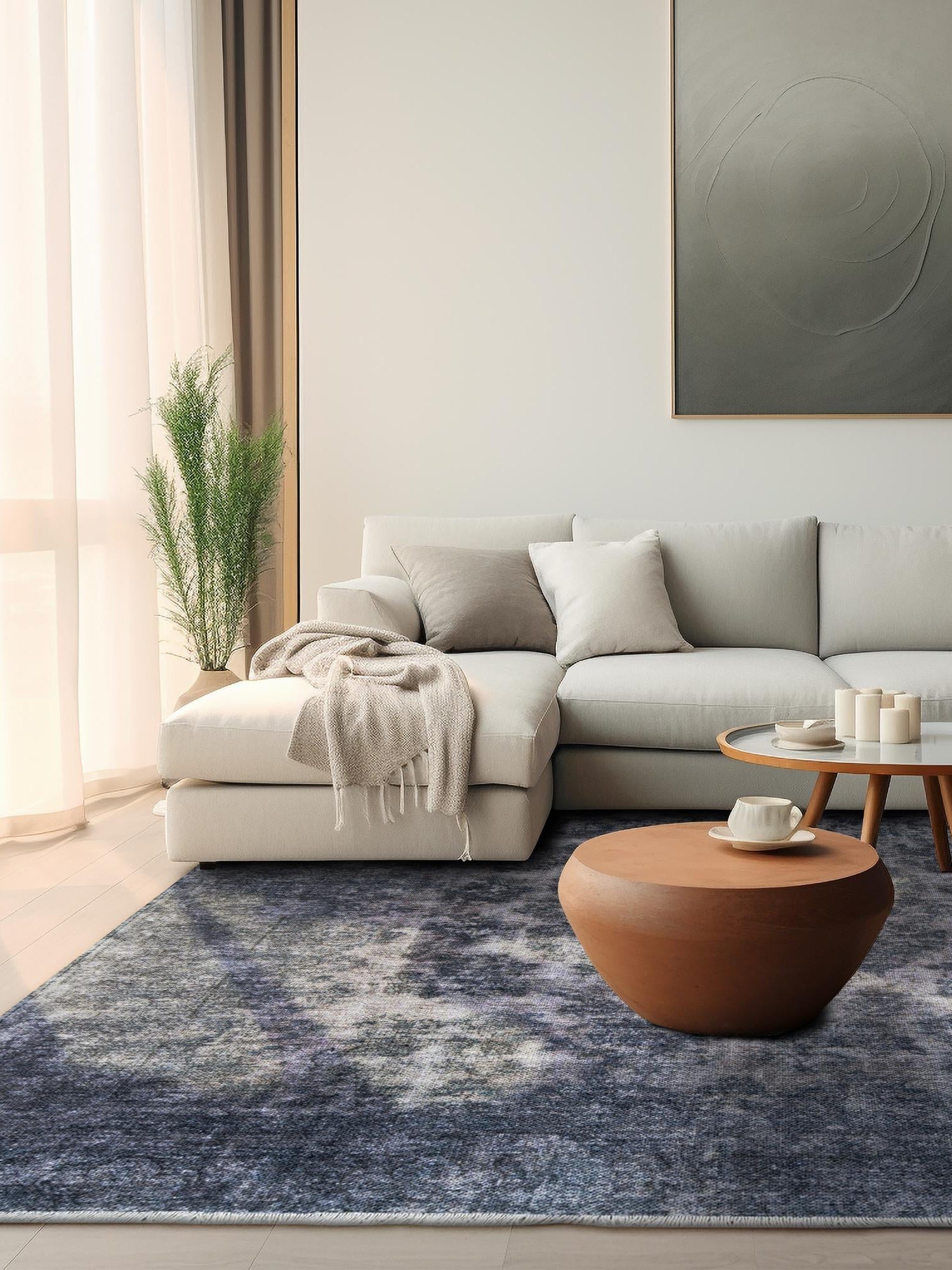 Gray and Blue 5' 1 x 5' 1 Boutique Square Area Rug Chenille Polyester Cotton Traditional Oriental Inspired Classical Carpet for Living Rooms Dining Office Space Interior Design for Sale at Rug Engine