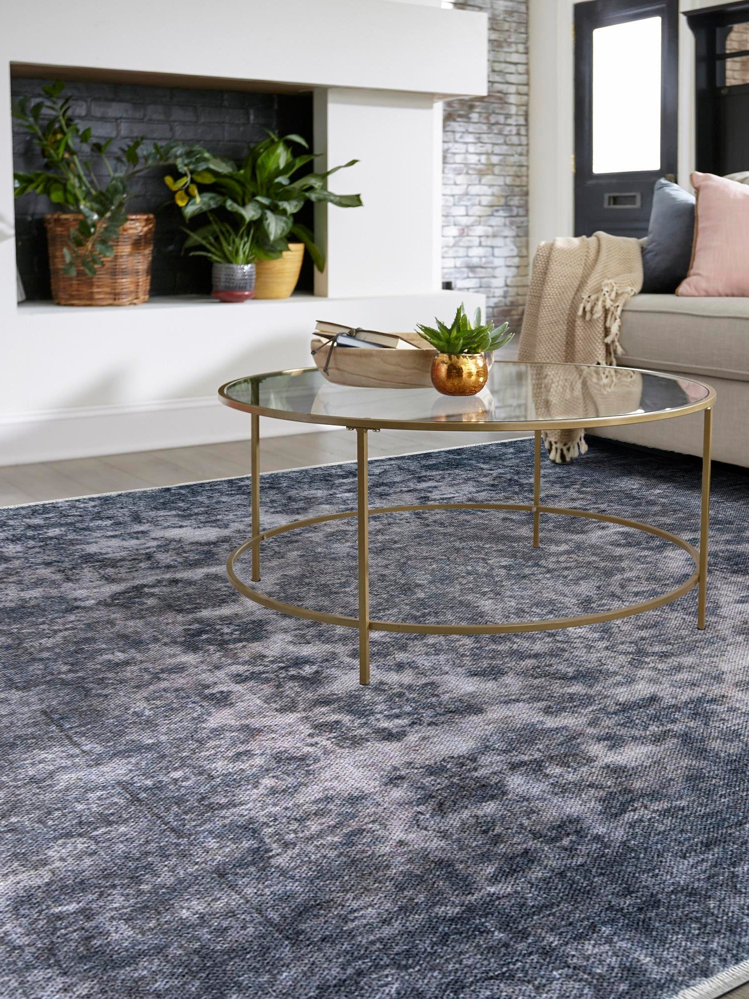 Gray and Blue 5' 1 x 5' 1 Boutique Square Area Rug Chenille Polyester Cotton Traditional Oriental Inspired Classical Carpet for Living Rooms Dining Office Space Interior Design for Sale at Rug Engine