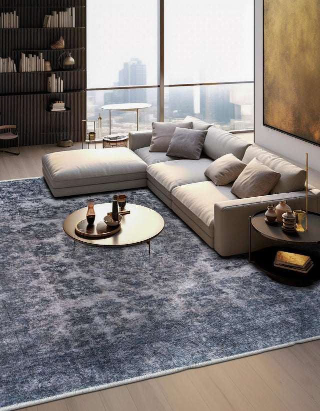 Gray and Blue 7' 9 x 7' 9 Boutique Square Area Rug Chenille Polyester Cotton Traditional Oriental Inspired Classical Carpet for Living Rooms Dining Office Space Interior Design for Sale at Rug Engine
