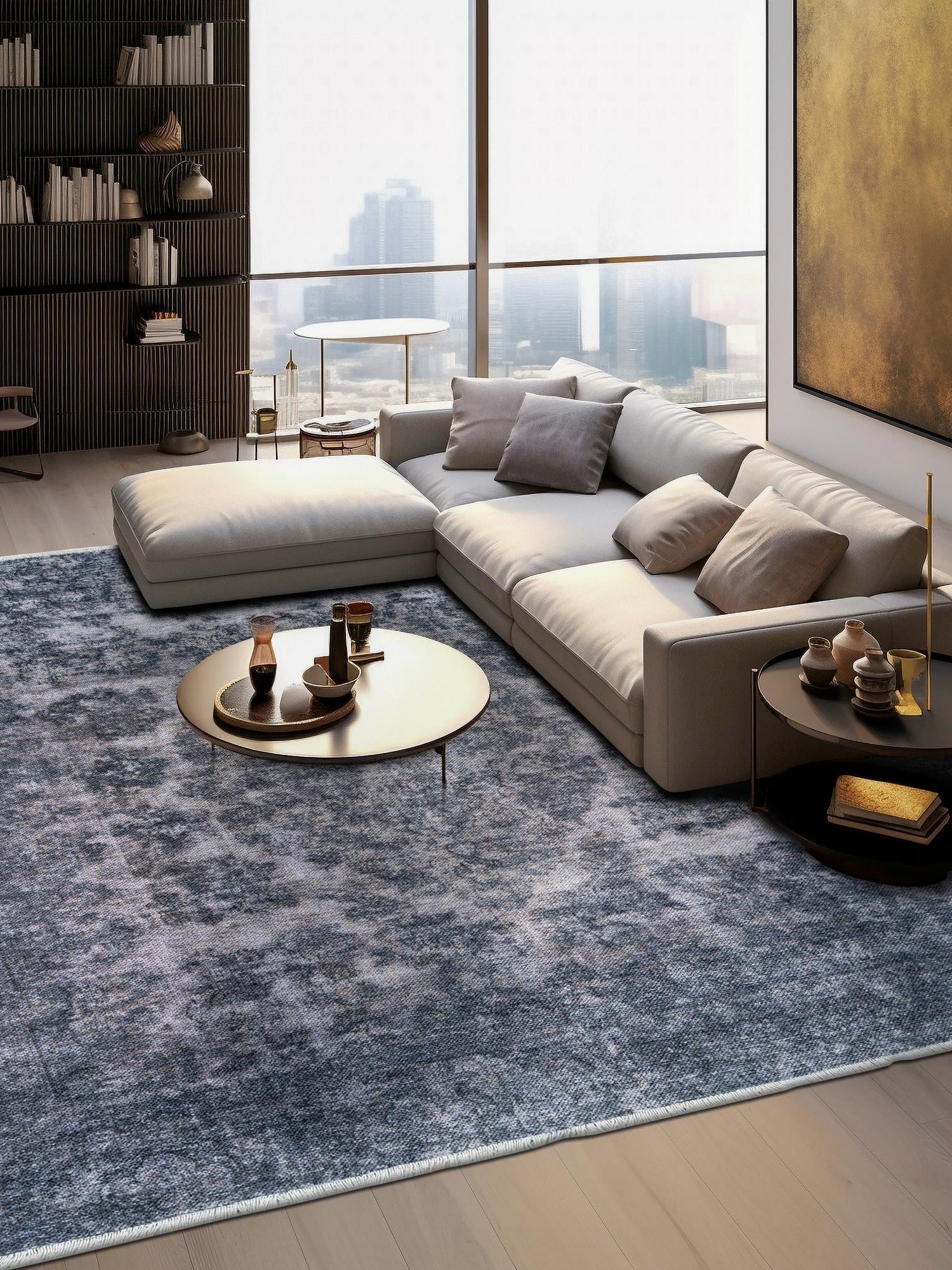 Gray and Blue 5' 1 x 5' 1 Boutique Square Area Rug Chenille Polyester Cotton Traditional Oriental Inspired Classical Carpet for Living Rooms Dining Office Space Interior Design for Sale at Rug Engine