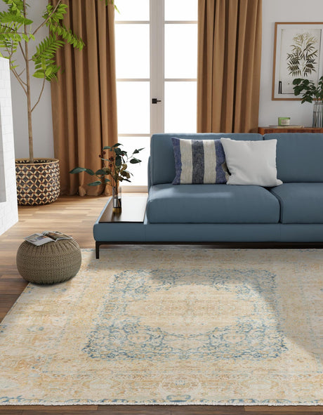 Blue and Ivory 7' 9 x 7' 9 Boutique Square Area Rug Chenille Polyester Cotton Traditional Oriental Inspired Classical Carpet for Living Rooms Dining Office Space Interior Design for Sale at Rug Engine