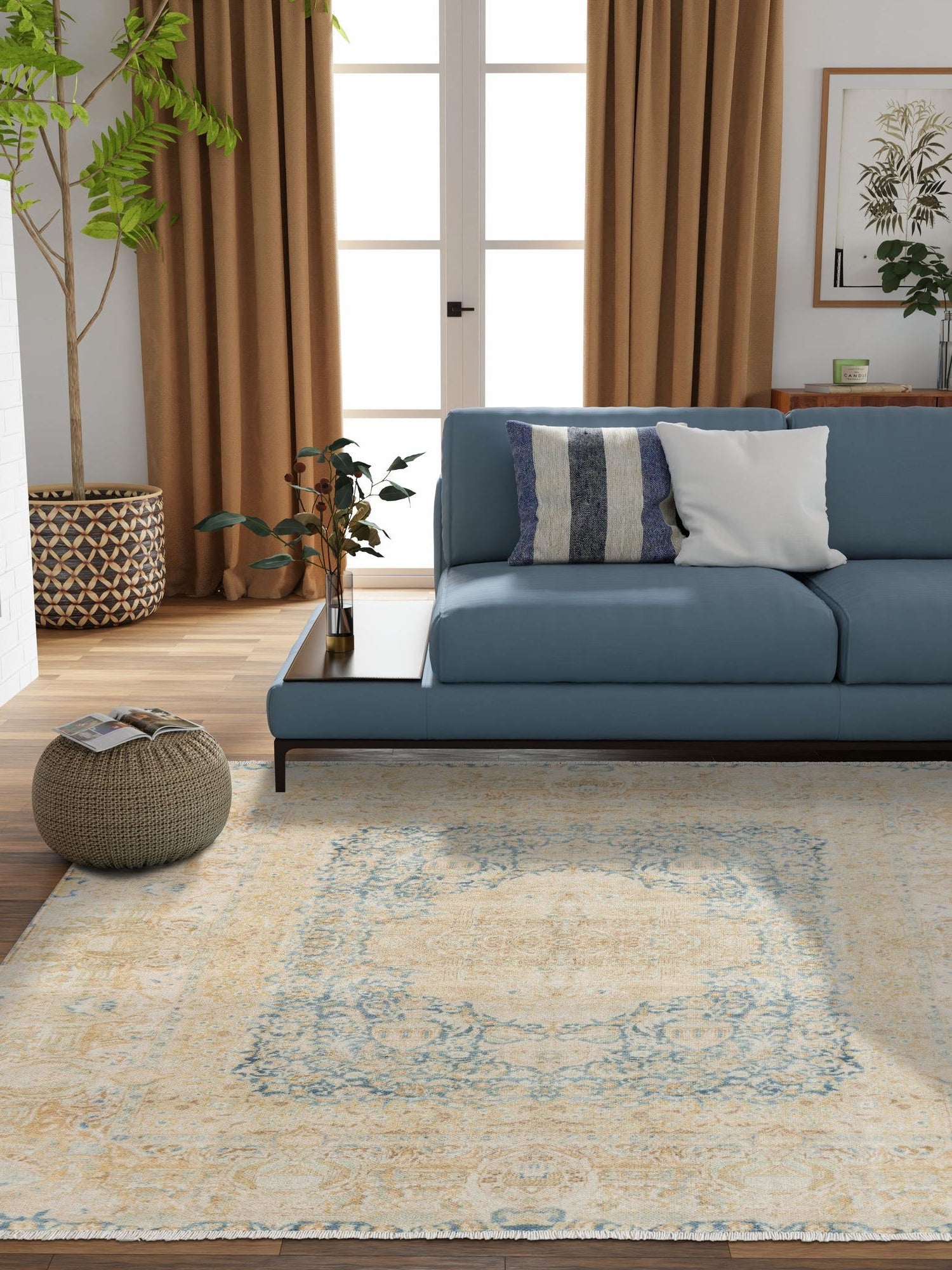 Blue and Ivory 5' 1 x 5' 1 Boutique Square Area Rug Chenille Polyester Cotton Traditional Oriental Inspired Classical Carpet for Living Rooms Dining Office Space Interior Design for Sale at Rug Engine