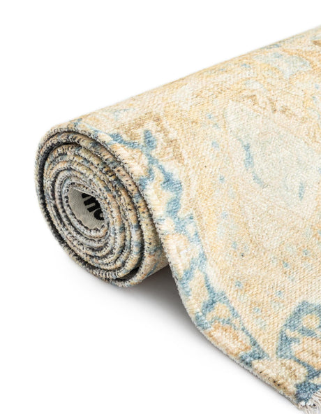 Blue and Ivory 7' 9 x 7' 9 Boutique Square Area Rug Chenille Polyester Cotton Traditional Oriental Inspired Classical Carpet for Living Rooms Dining Office Space Interior Design for Sale at Rug Engine