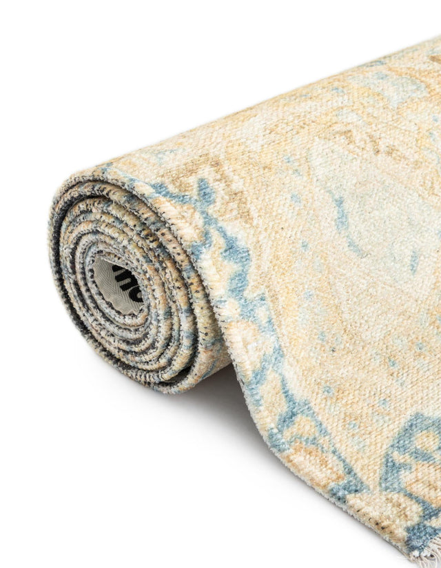 Blue and Ivory 7' 9 x 7' 9 Boutique Square Area Rug Chenille Polyester Cotton Traditional Oriental Inspired Classical Carpet for Living Rooms Dining Office Space Interior Design for Sale at Rug Engine