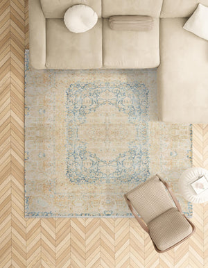 Blue and Ivory 7' 9 x 7' 9 Boutique Square Area Rug Chenille Polyester Cotton Traditional Oriental Inspired Classical Carpet for Living Rooms Dining Office Space Interior Design for Sale at Rug Engine