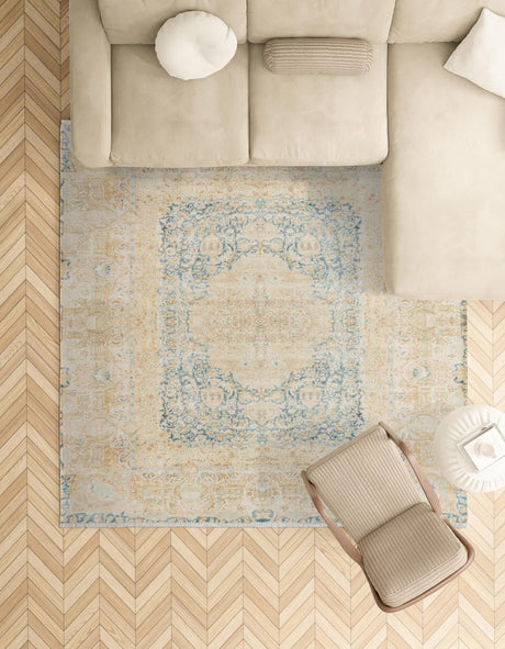 Blue and Ivory 7' 9 x 7' 9 Boutique Square Area Rug Chenille Polyester Cotton Traditional Oriental Inspired Classical Carpet for Living Rooms Dining Office Space Interior Design for Sale at Rug Engine