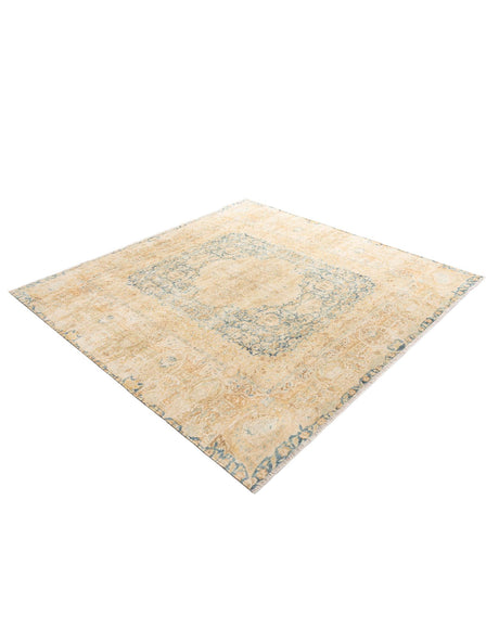 Blue and Ivory 7' 9 x 7' 9 Boutique Square Area Rug Chenille Polyester Cotton Traditional Oriental Inspired Classical Carpet for Living Rooms Dining Office Space Interior Design for Sale at Rug Engine